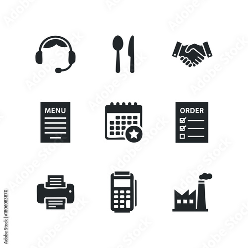 Collection of Black Business and Service Icons Representing Communication, Food, Finance, and Industry