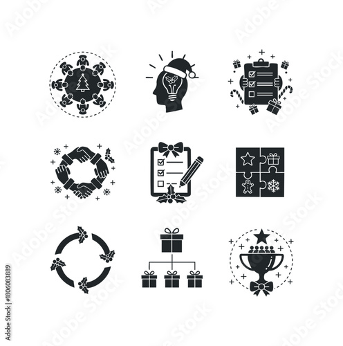 Holiday icons representing teamwork, ideas, and planning for corporate holiday celebrations and gifting.