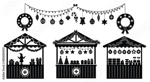 Black and white silhouette illustration of charming christmas market stalls adorned with festive decorations and lights
