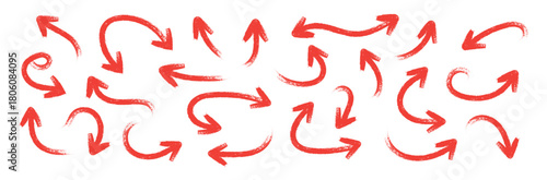 Various red brush drawn curved arrows. Collection doodle marker thick arrows in different directions. Grunge rough direction shape for design. Vector brush strokes illustration collection