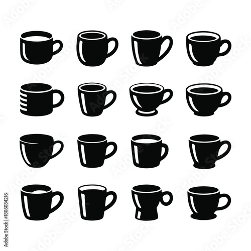 Collection of twelve black and white cup icons, perfect for adding a touch of elegance to your designs isolated on white background