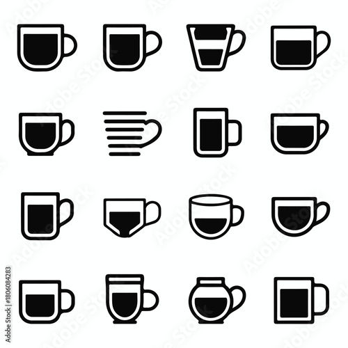 Collection of twelve black and white cup icons, perfect for adding a touch of elegance to your designs isolated on white background