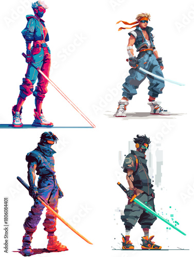 Stylish futuristic samurai characters wielding glowing swords. Dynamic action poses with modern sci fi elements and vibrant color accents perfect for gaming and fantasy artwork.