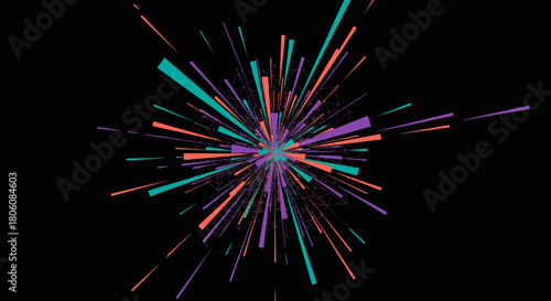 A vibrant burst of teal, orange, and purple lines radiates dynamically from a central point, creating an energetic and modern abstract design on a dark background.