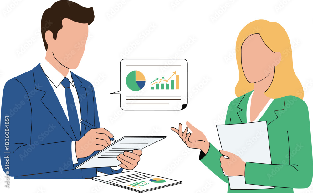 Fototapeta premium Business professionals discussing charts, teamwork collaboration with data analysis, corporate meeting strategy planning, office success presentation, financial growth report,
