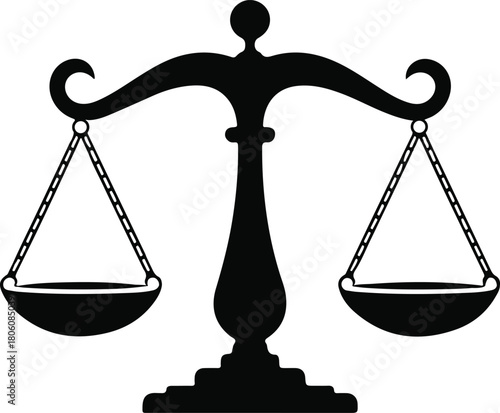 A black silhouette of the scales of justice, isolated on white background, representing law, balance, and fairness in legal matters