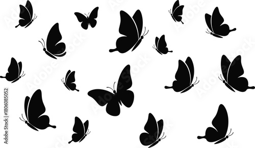 Butterfly silhouette pattern, black icons, flying insects, vector set, nature, minimal design, decorative, elegant, symmetrical, wings, graphic art