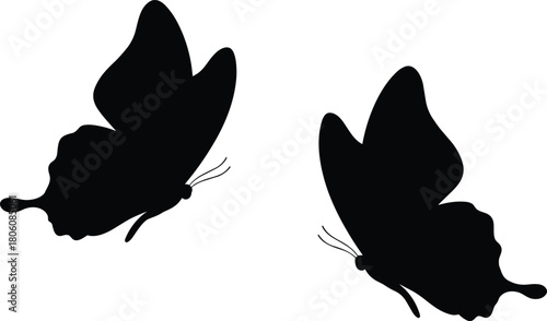 Butterfly silhouette, insect vector, black wings, nature art, minimal design, flying butterfly, white background, elegant shape, symmetrical wings, profile view