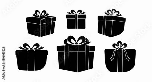 A collection of black silhouette gift box icons with decorative ribbons and bows, isolated on a white background for festive design