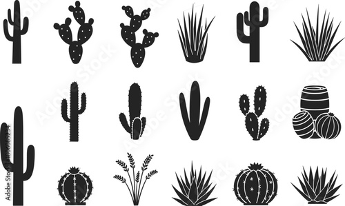 Cactus and desert plant silhouettes, agave succulents, prickly pear, barrel cactus, botanical vector illustration, nature foliage, decorative graphic desert art