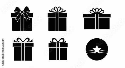 Black and White Gift Box Icons for Festive Occasions and Celebrations Present Icons