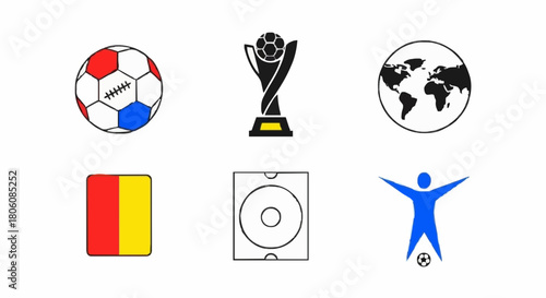 Collection of sports icons including a soccer ball, trophy, globe, flag, goal, and a runner