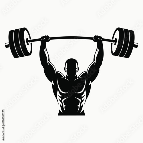 Silhouette of a muscular bodybuilder lifting heavy barbell overhead on a white background for fitness and strength training