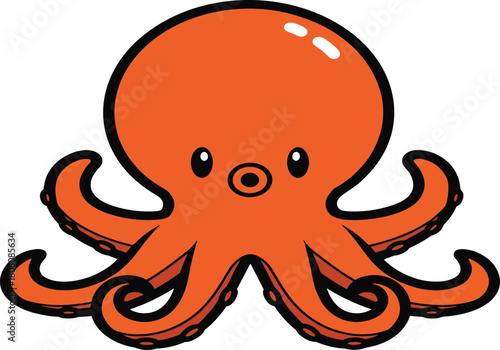 Cartoon orange octopus with rounded head curling arms suction cups, cute sea animal vector illustration, marine creature design for children education graphics