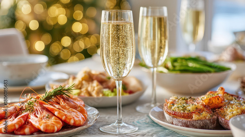 Elegant dinner setting features sparkling wine glasses alongside festive spread of shrimp and baked dishes, perfect for thanksgiving dinner or christmas family gathering