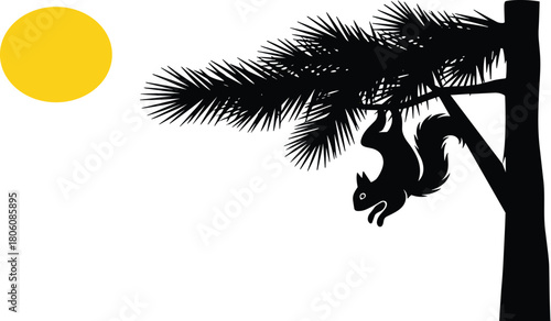 Silhouette squirrel hanging on pine tree branch, dynamic wildlife scene, fluffy tail, sunny day, nature contrast, minimal forest illustration