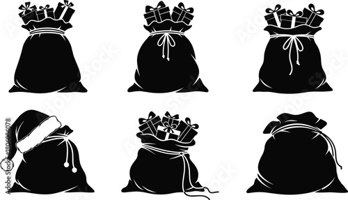 Christmas Santa Claus Gift Bag Silhouette Vector Collection, Holiday Sack Full of Presents Graphic Elements, Black Flat Drawing of Winter Delivery Icons, Festive Surprise Accessory Design