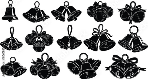 Christmas Jingle Bells Silhouette Vector Collection, Holiday Decoration Graphic Element, Black Flat Drawing of Festive Bell Icons, Winter Celebration Symbol Design