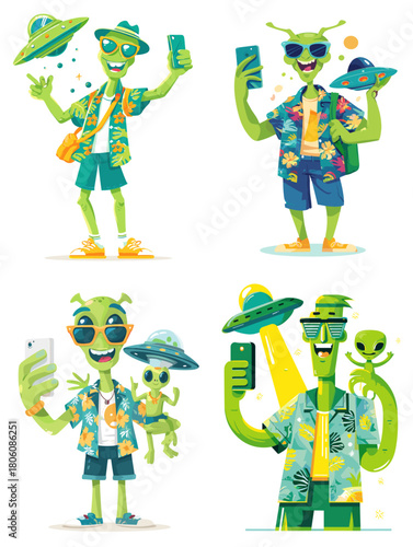 Colorful illustration of cheerful aliens dressed as tourists taking selfies with UFOs. Fun and playful extraterrestrial characters in vacation outfits perfect for humorous travel themed designs.