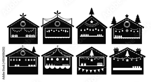 Collection of eight black silhouette festive market stalls decorated for a holiday celebration