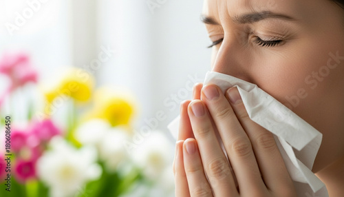 A person sneezing into a tissue, blurred flowers in the background, and bright natural light. Perfect for content on allergy awareness, seasonal sickness, and tips for preventing colds.