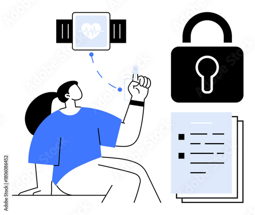 Woman activates biometric fingerprint authentication, smartwatch displays health data, lock signifies data security, documents signify official records. Ideal for technology, healthcare, security