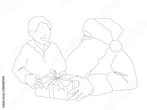 クリスマスにサンタが子供にプレゼントを渡すラインイラスト　サンタクロースと子供のシンプル手描き線画イラスト　背景透過 