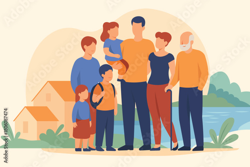Flat Vector Artwork Depicting Multigenerational Family Outdoors With Friends Near Water And Sunlit Homes