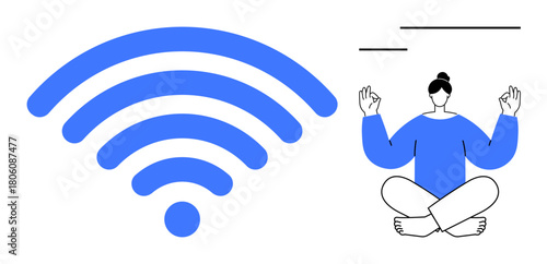 wireless signal symbol beside a meditating person in a yoga position, combining technology with mindfulness. Ideal for calm, balance, focus, digital wellbeing, productivity, health, communication