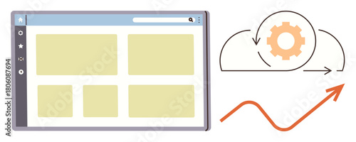 Browser with tiles, cloud gear icon, and growth arrow. Ideal for technology, automation, data, analytics, cloud computing business productivity. Clean and simple flat metaphor
