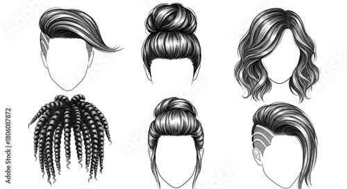 Diverse Hairstyle Illustrations Bun Waves Braids and Modern Cuts.