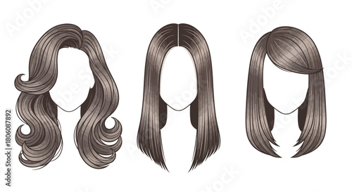 Three Hairstyles Wavy Straight and Bob Cut Illustrations.