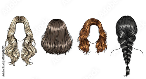 Diverse Hair Styles Blonde Waves Brown Bob Auburn Curls Black Braid.