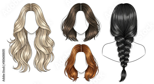 Diverse Hair Styles Blonde Waves Brown Bob Red Curls Black Braid.
