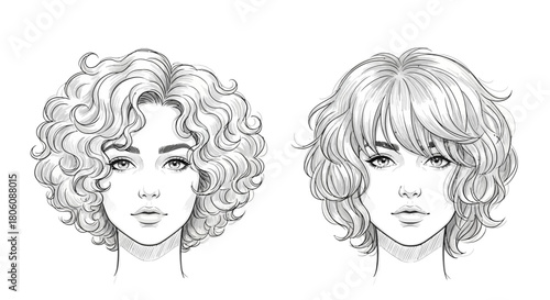 Two Women with Different Curly Hairstyles A Detailed Sketch.