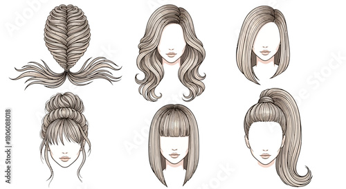 Diverse Hairstyle Illustrations Braids Waves Bobs and Ponytails.