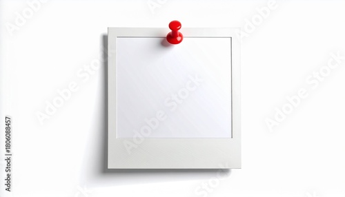 Blank instant photo frame with red pushpin on white background, perfect for memories, notes, or creative mockups