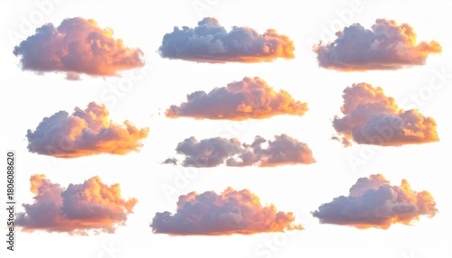 Collection of isolated fluffy cumulus clouds with golden hour light, perfect for sky replacement, weather, and nature designs. Set of nine clouds on white background.