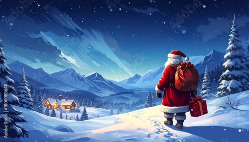 Santa walking through snowy twilight forest with gift sack under starry sky.