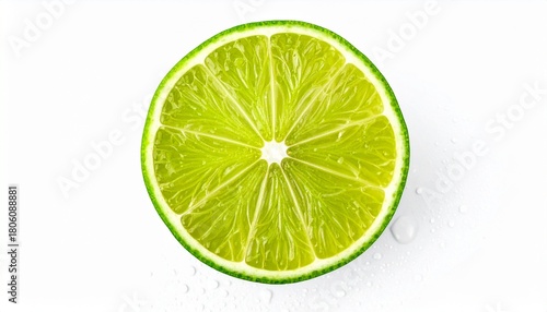 Fresh lime slice with water drops on white background, top view. Vibrant green citrus fruit cross-section, perfect for healthy food, drinks, and refreshing concepts.