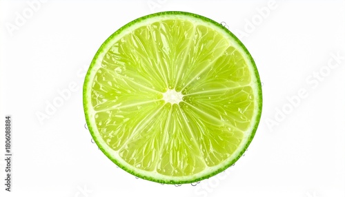 Fresh lime slice with water drops on white background, vibrant citrus fruit close-up for healthy food and drink concepts