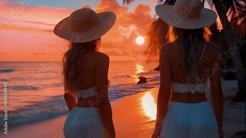 Golden Hour Sisters: Sunset Beach Silhouettes with Straw Hats