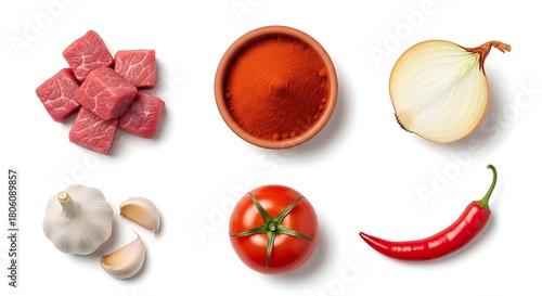 Raw ingredients arranged for culinary preparation on a white surface