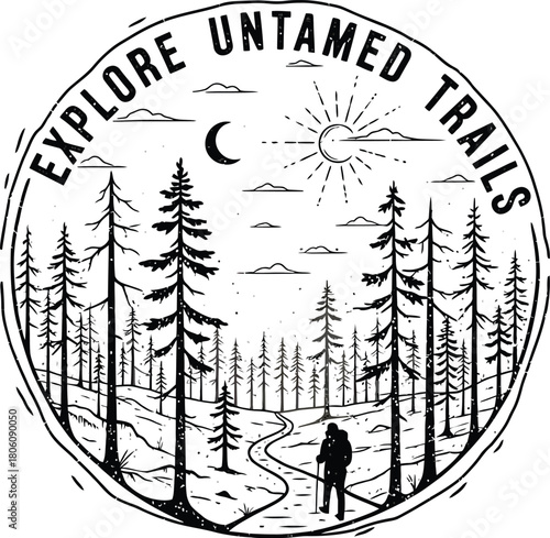 Inspiring outdoor adventure graphic for nature lovers featuring silhouette hiker on untamed trails through forest, perfect for travel blogs, eco-tourism, and wilderness retreats