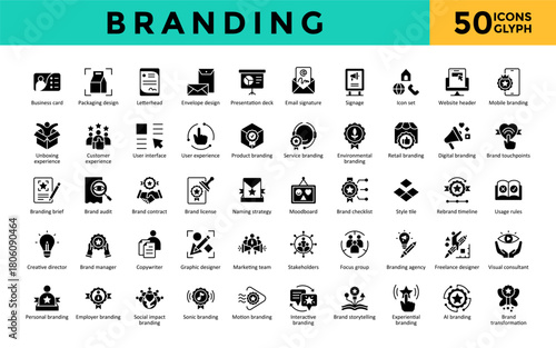 Branding icons set with business card, packaging design, letterhead, envelope design, presentation deck icon. Simple glyph vector 
