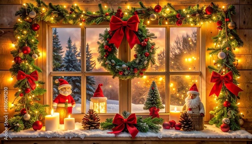 Cozy Christmas window scene with wreath, candles, snow, and sunset view.