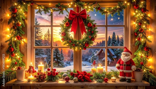 Cozy Christmas window scene with wreath, candles, snow, and sunset view.