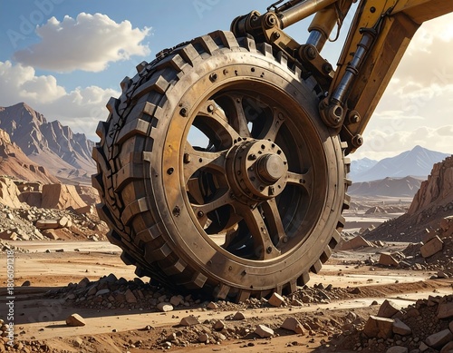 Large excavator tire in rugged desert landscape with machinery arm visible