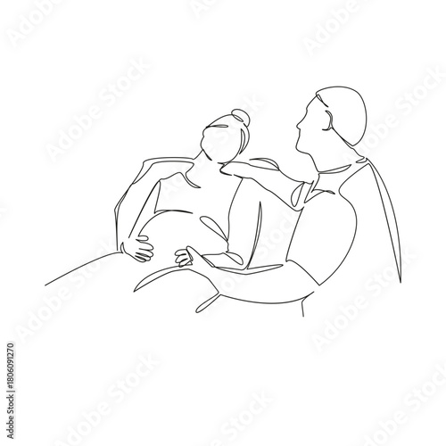 One continuous single drawing line art flat doodle husband, woman, birth, hospital, maternity, childbirth, labor. Isolated image hand draw contour on a white background, hand drawn, not AI
