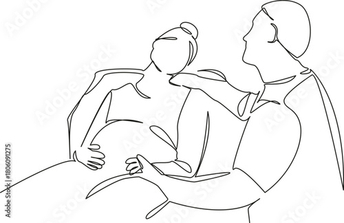 One continuous single drawing line art flat doodle husband, woman, birth, hospital, maternity, childbirth, labor. Isolated image hand draw contour on a white background, hand drawn, not AI
